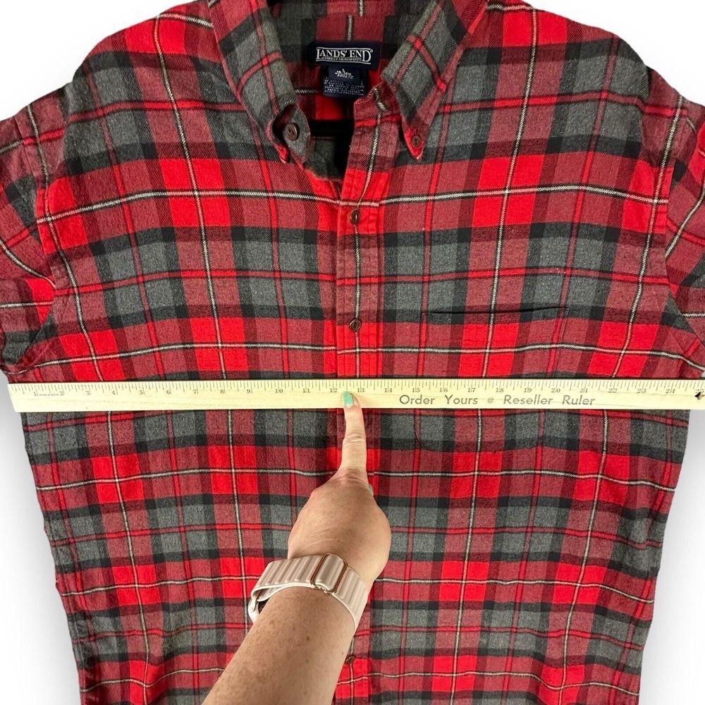 Lands End Men's Flannel Shirt Size Large Gray Red Plaid Cotton Button Down Shirt - Picture 6 of 7